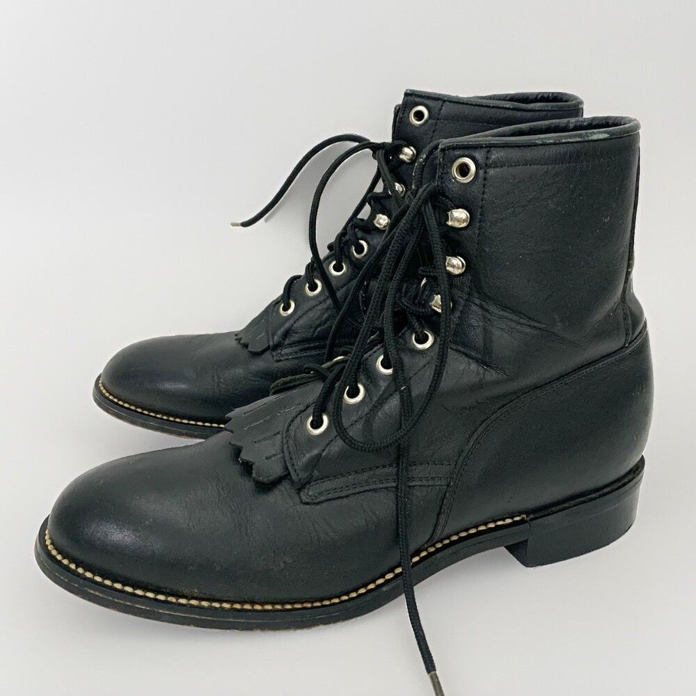 Justin 506 Black Leather Kiltie Lace Up Roper Boots Men’s 5.5D (Women’s 7.5)